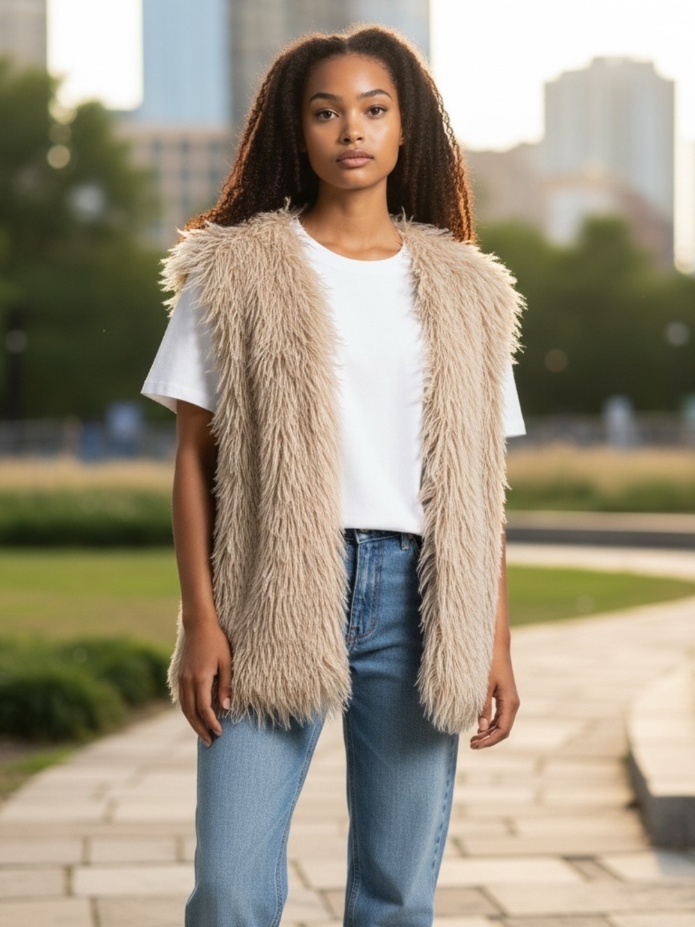 Double Zero Ladies Faux Fur Lined Open Vest Beige Size S Shaggy Hippie Boho
